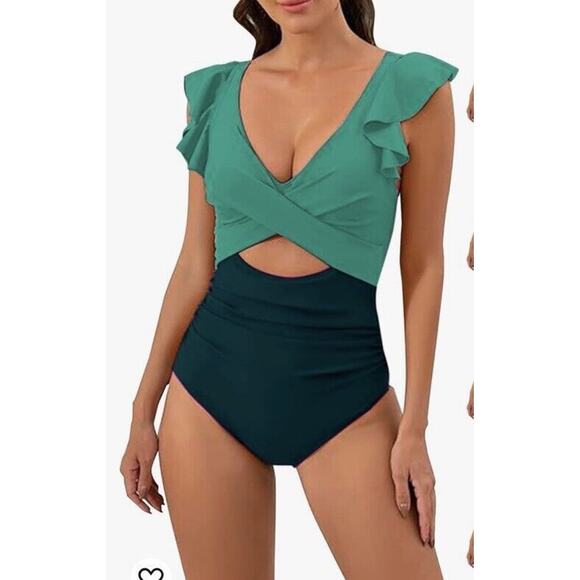 Womens One Piece Swimsuit Tummy Control Cutout High Waisted Ruffled V Neck Teal - Picture 1 of 8